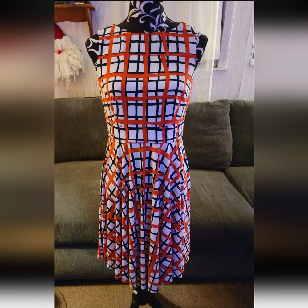 DONNA MORGAN Orange & Navy Plaid Print Slinky Dress 6